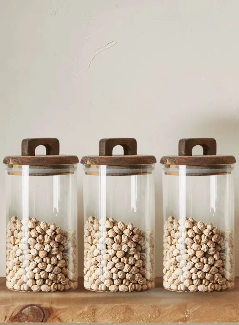 1Chase Borosilicate Glass Food Storage Jar With Acacia Wood Air Tight Lid, Handmade Glass Canister For Kitchen Pantry Organizer, For Storing Pasta, Nuts, Coffee, Snacks, Set Of 3 (1000 ML)